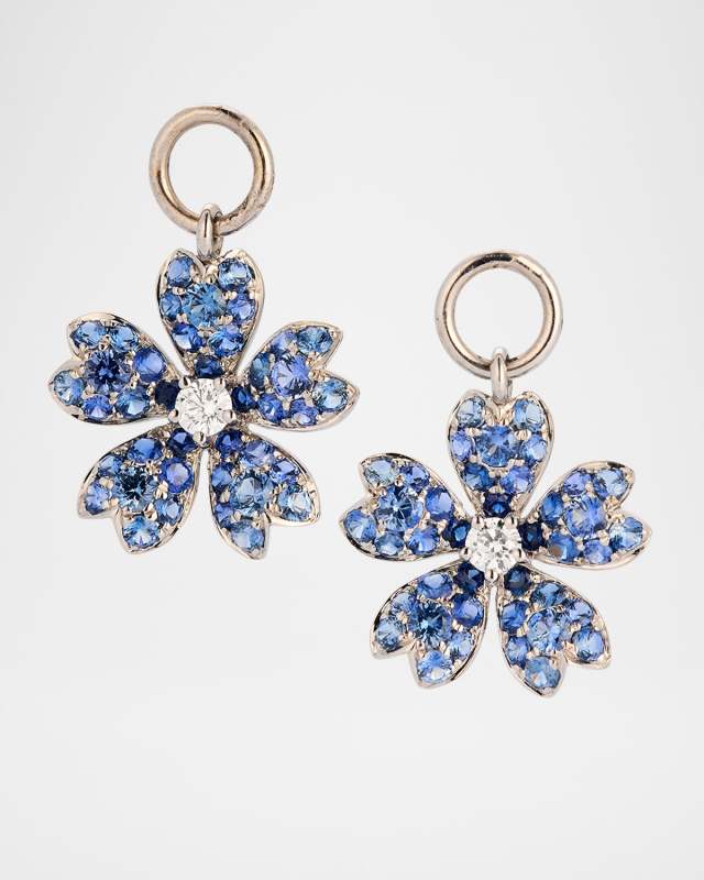 Rocks 18K White Gold Blue Sapphire Flower Earring Charms with Diamonds
